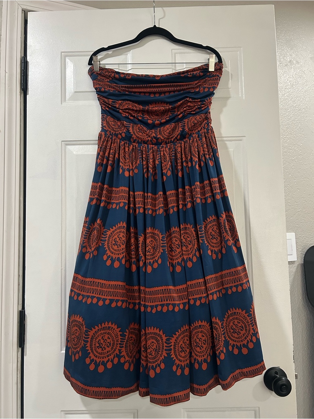 Anthropology, Girls of Savoy, Strapless Navy and Rust Printed Midi Dress